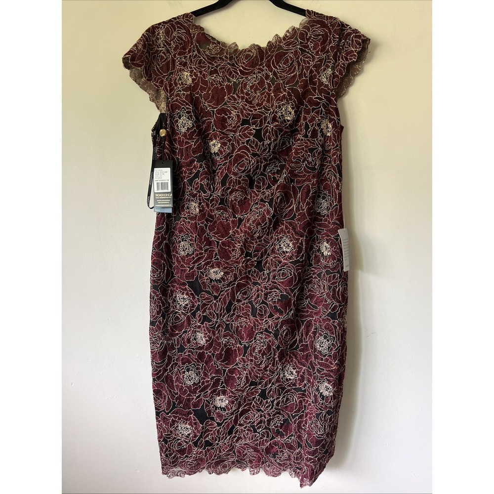 Tadashi Shoji Rose Motif Sheath Dress Black/ Red Sz 14P Lace Cap Sleeve